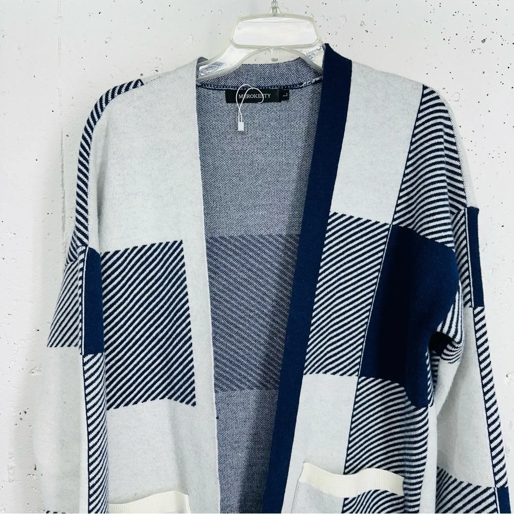 Merokeety Women’s size Large Gray and Blue Open Long Cardigan Sweater - Picture 3 of 10